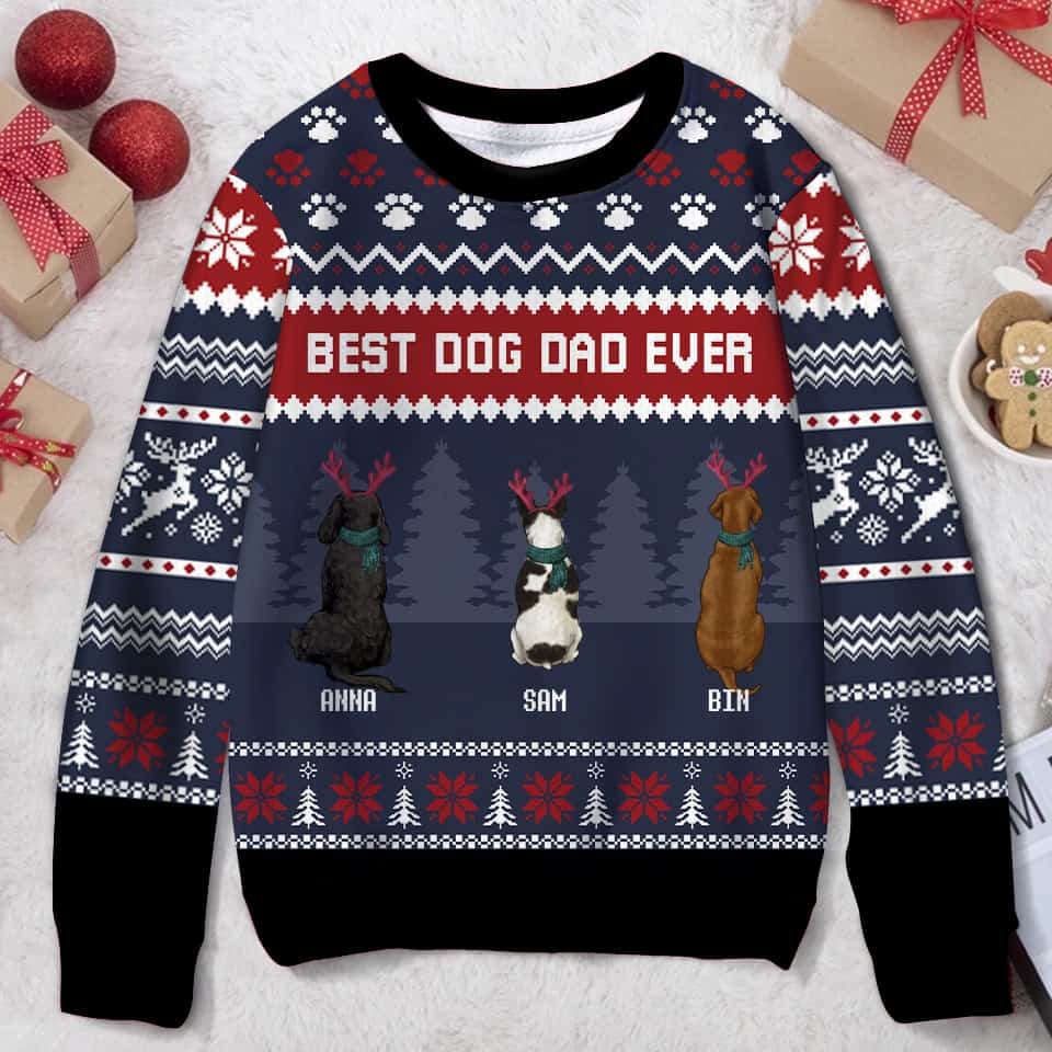 Best Dog Dad Ever Personalized Dog Dad Ugly Christmas Sweater Gift For Dog Lovers Gearcustoms