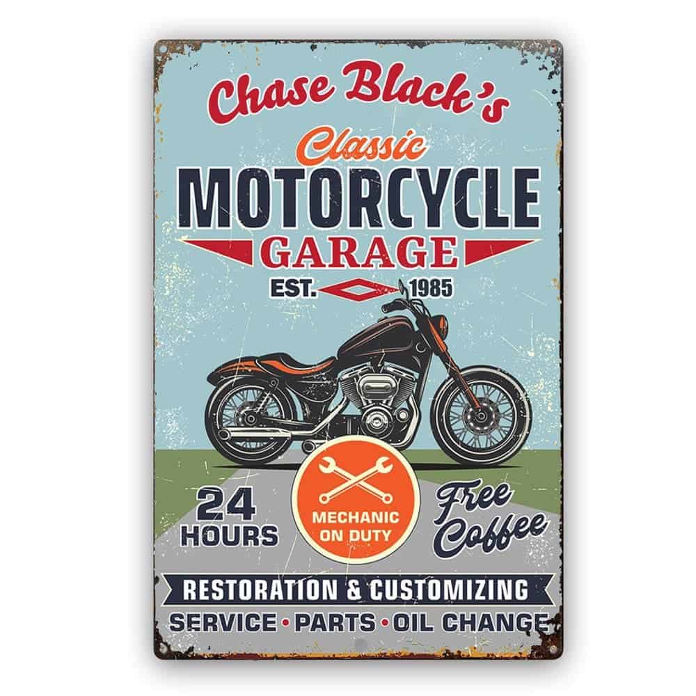 Personalized Classic Motorcycle Repair Garage Metal Sign